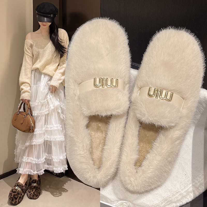 今年流行特惠内增高5CM豹纹时髦外穿毛毛鞋女秋冬坡跟一脚蹬