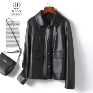 今年流行特惠皮衣女士真皮外套短款翻领粉色减龄韩版皮夹克海宁