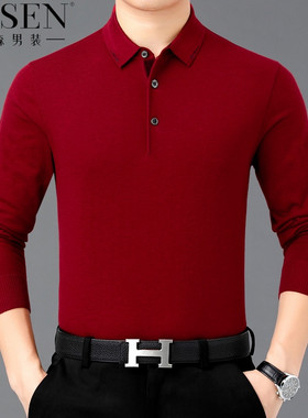 步森羊绒衫男士长袖t恤中年翻领大码爸爸本命年红色商务薄款毛衣