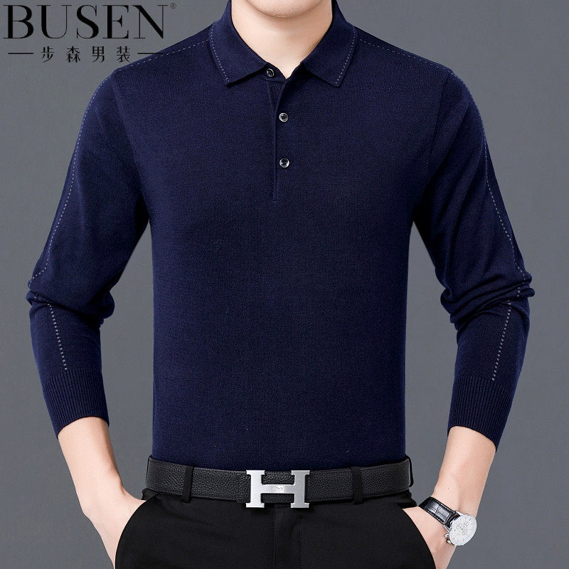 步森羊绒衫男士长袖t恤中老年翻领爸爸装休闲POLO衫针织薄款毛衣