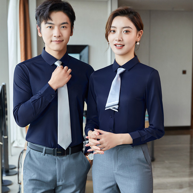 职业装男女同款长袖衬衫套装工装秋冬衬衣4S店工作服定制刺绣LOGO_虎窝淘