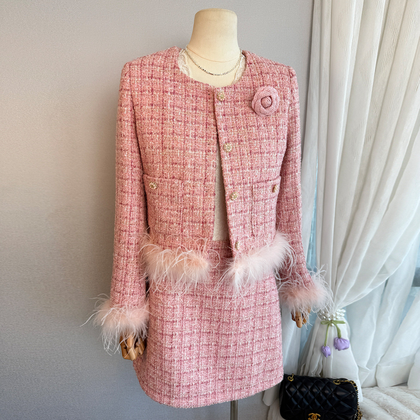粉色羊毛编织格纹小香风羽绒服套装女2025冬季新款羽毛半裙两件套,女装/女士精品,时尚套装,淘宝优惠券,粉丝福利购,淘宝优惠卷