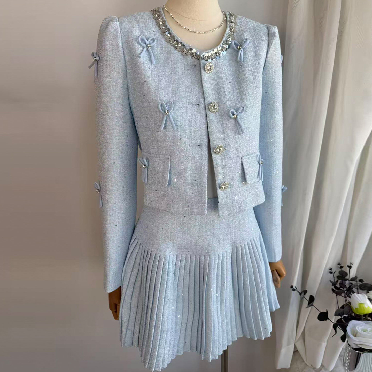 名媛小香风蝴蝶结套装女2026春季新款短外套高腰百褶半身裙两件套,女装/女士精品,时尚套装,淘宝优惠券,粉丝福利购,淘宝优惠卷