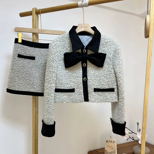 小香风套装2025秋冬季新款名媛蝴蝶夹棉毛呢外套A字撞色短裙女装