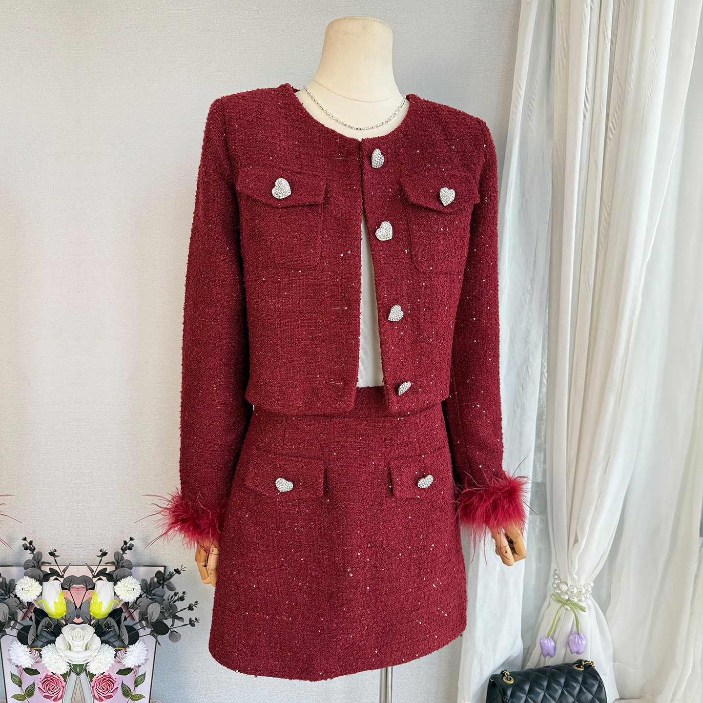 法式高级感红色羊毛亮片编织羽绒小香风包臀短裙套装女时尚两件套,女装/女士精品,时尚套装,淘宝优惠券,粉丝福利购,淘宝优惠卷