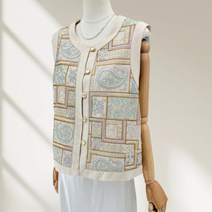 高定提花刺绣新中式国风马甲外套女2025秋季新款撞色格纹马夹上衣