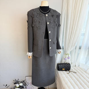 蕾丝袖 钉花中长款 边半身裙两件套 女2025冬季 高定小香风羽绒服套装