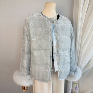 高定可拆卸狐狸毛新中式亮片羽绒服外套女2025冬季新款丝绒厚上衣