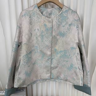 刺绣提花绿色中式国风外套女2025春季新款高级感拼接袖口暗扣上衣