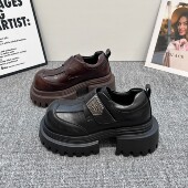 女2025秋季 新款 英伦风小个子增高乐福鞋 牛皮厚底小皮鞋 魔术贴单鞋