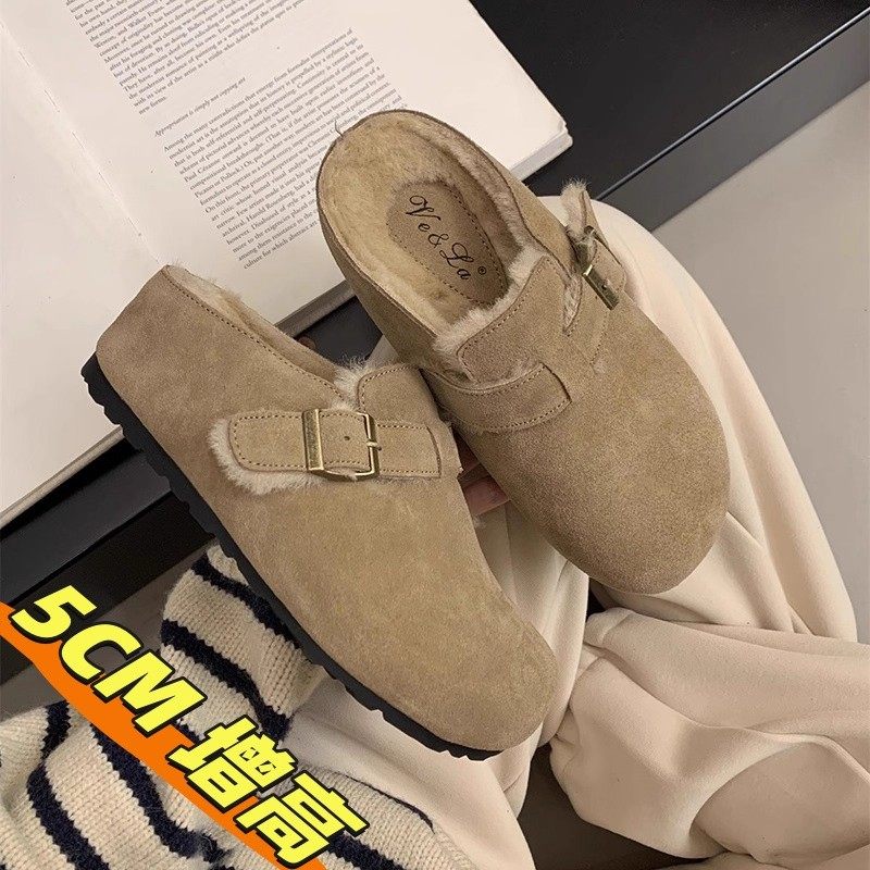 小个子内增高5CM真牛皮勃肯鞋女加绒保暖棉鞋秋冬新款厚底半拖鞋,女鞋,勃肯鞋/软木鞋,淘宝优惠券,粉丝福利购,淘宝优惠卷