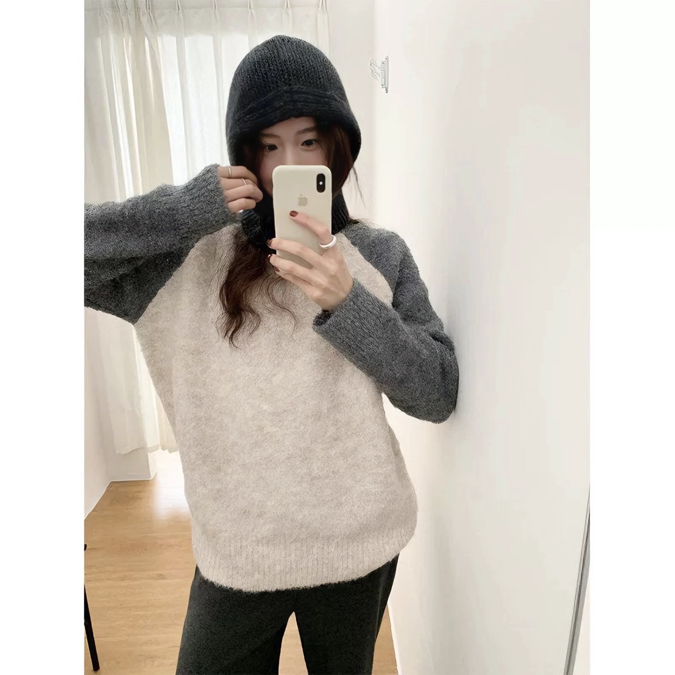 套头25韩系宽松秋冬慵懒上衣拼色新款圆领风长袖女衫针织毛衣外套