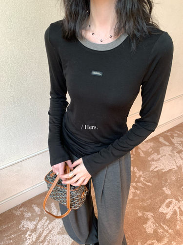 Hers简约风纯色圆领长袖T恤女宽松显瘦百搭上衣女