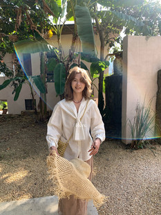 上衣短外套纯色 长袖 Hers简约百搭气质蕾丝花边海军领衬衫 女春季