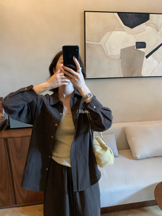 Hers简约风纯色翻领长袖衬衫女宽松显瘦百搭上衣女气质三件套套装
