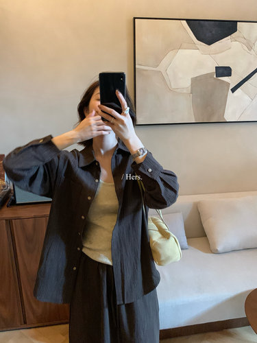 Hers简约风纯色翻领长袖衬衫女宽松显瘦百搭上衣女气质三件套套装