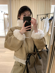 Hers简约风纯色翻领长袖皮毛一体外套女宽松显瘦百搭上衣女气质