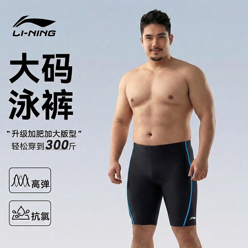 李宁男士泳裤大码加肥加大300斤胖男士超大号防尴尬游泳装备全套