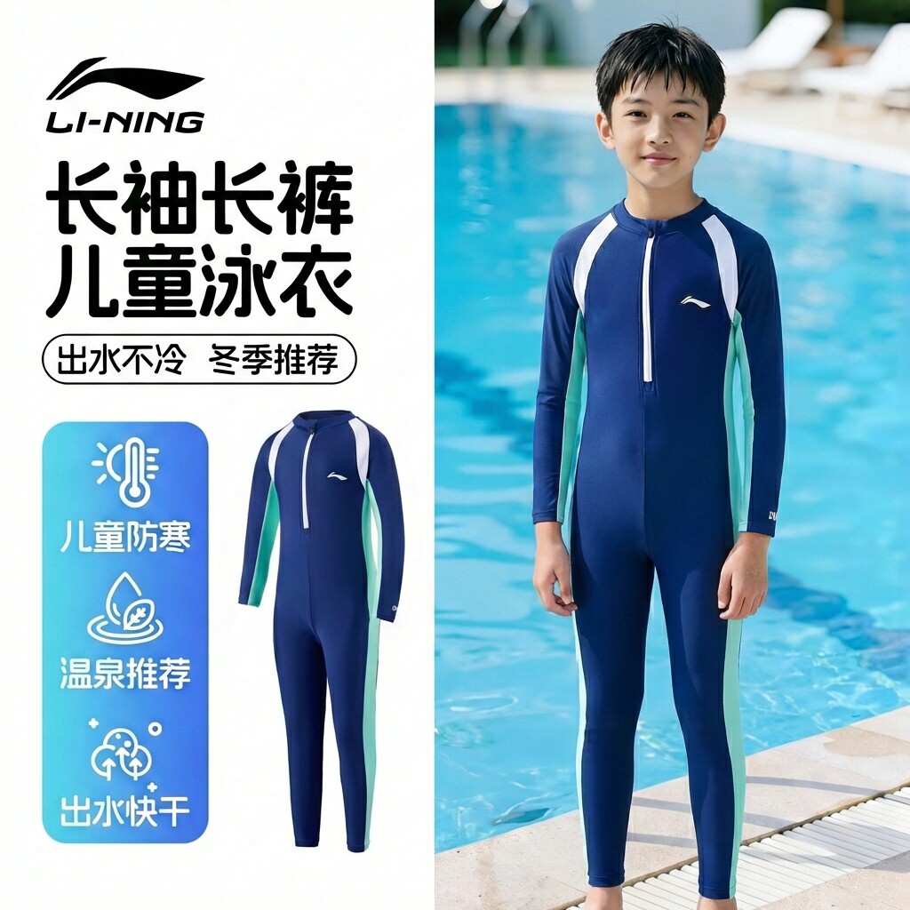 李宁儿童泳衣男童浮潜水母服长袖连体长裤防寒男孩温泉专业游泳新