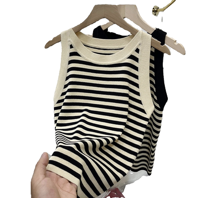 黑白条纹冰丝针织吊带背心