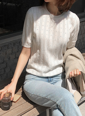 冰丝针织衫短袖女夏季2025年新款女装薄款镂空洋气打底衫白色上衣