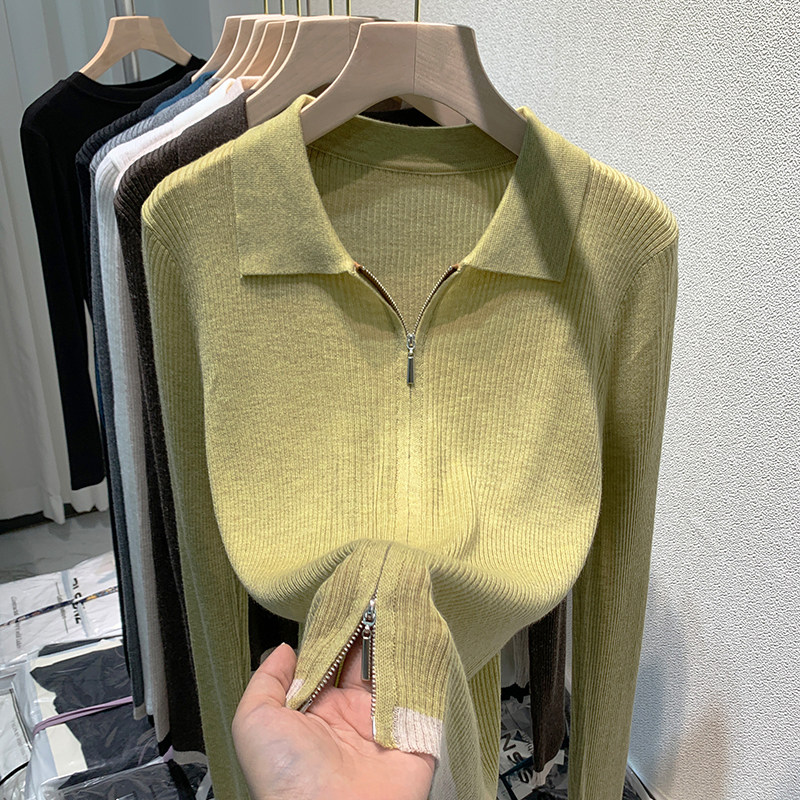 翻领针织衫女打底毛衣拉链外套