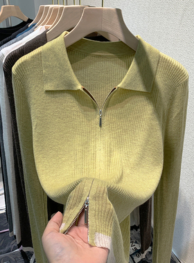 polo翻领针织衫女打底毛衣开衫秋季2025新款内搭上衣短款拉链外套