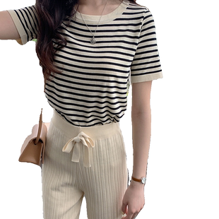 冰丝针织衫短袖T恤女夏季2025新款打底衫黑白横条纹薄款百搭上衣