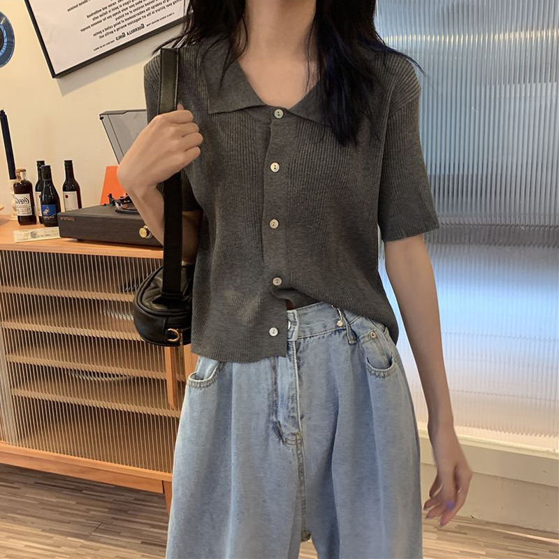 短袖针织衫女开衫女装2025新款夏季polo翻领薄款T恤灰色短款上衣