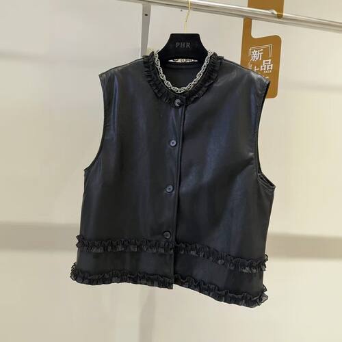 今年流行特惠休闲pu皮衣马甲外套女新款木耳花边上衣宽松时尚背心