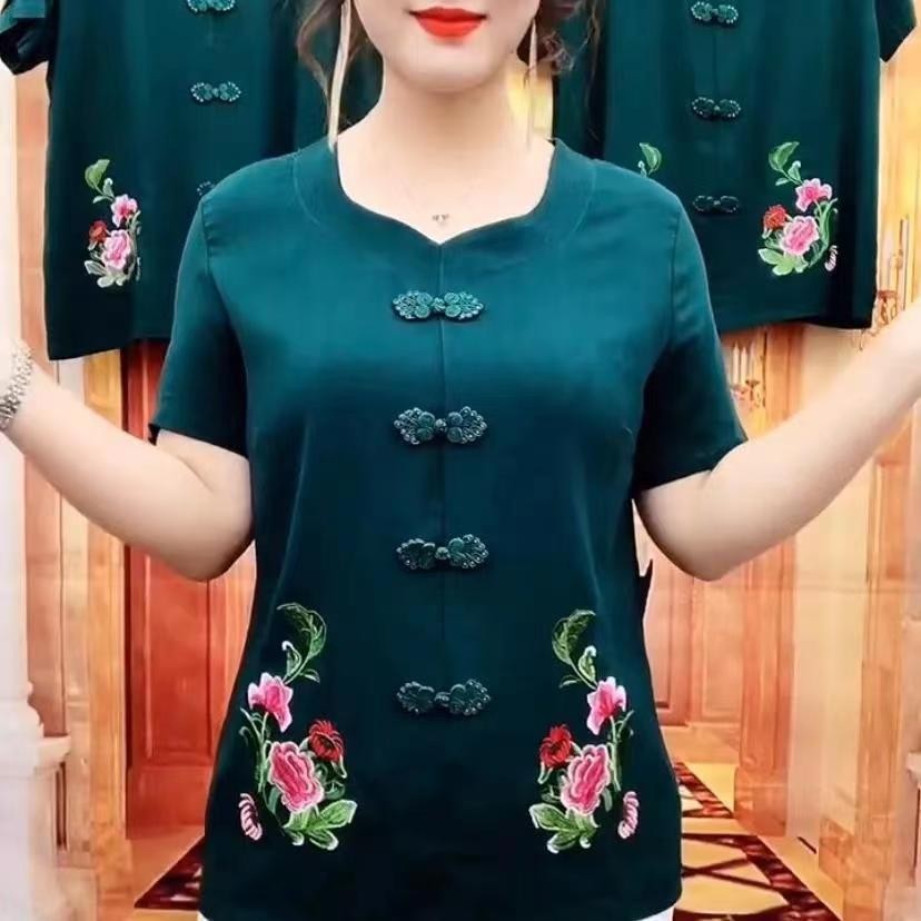 中老年夏季新款短袖民族风棉麻绣花T恤妈妈修身显瘦百搭洋气上衣