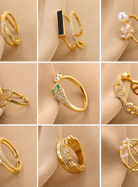 小众设计ins风个性高级戒指女轻奢珍珠锆石 开口戒指女饰品指环批