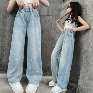 中大童休闲阔腿长裤 童装 2026新款 春秋款 子女孩儿童刺绣 女童牛仔裤