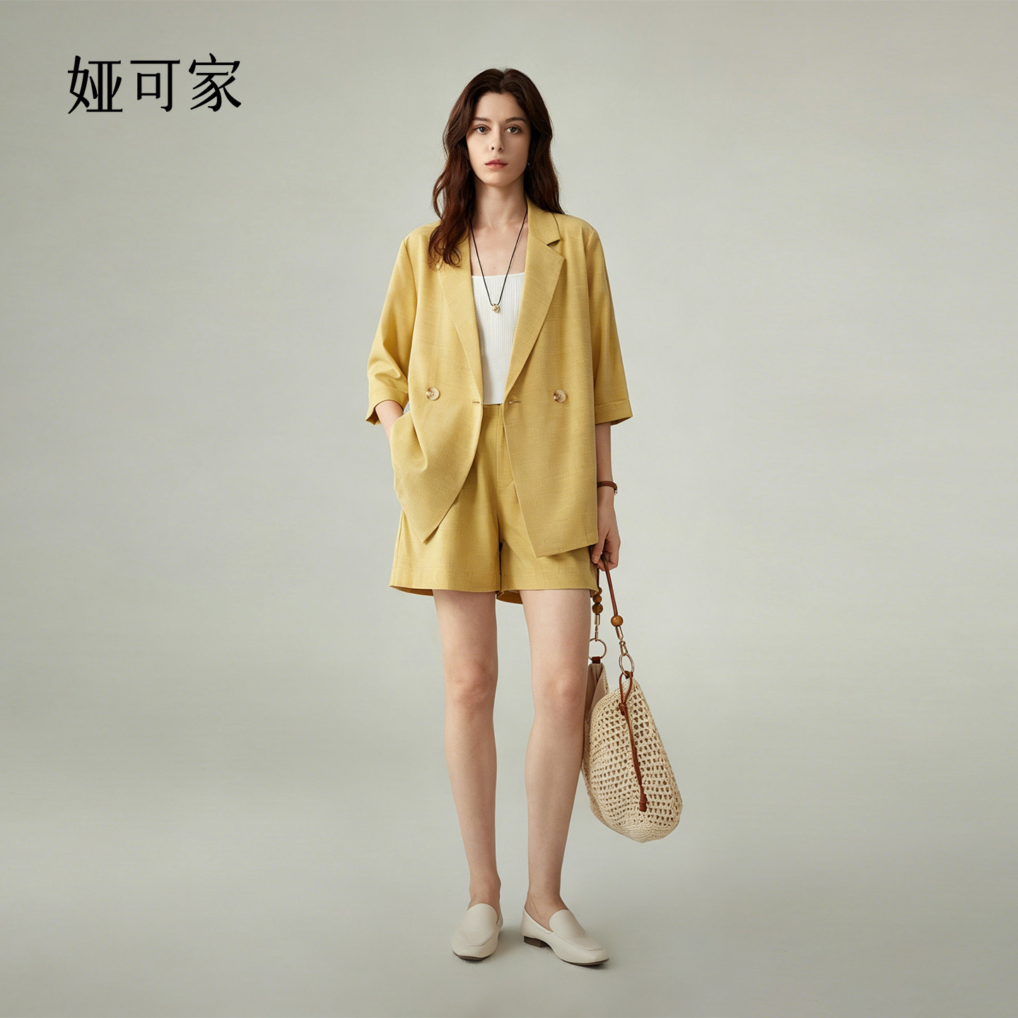 娅可家黄色薄款七分袖西装外套女夏季防晒透气麻感休闲小西服上衣