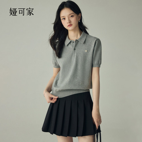 POLO领短袖针织衫女夏季翻领上衣