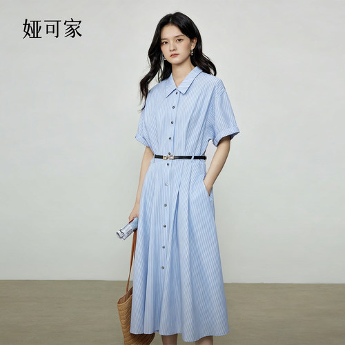 天然纤维艺术条纹短袖衬衫连衣裙