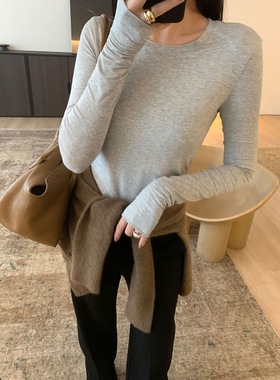 Zest Joy秋季轻简圆领T恤弹力指洞袖口长袖女打底衫高级感外穿