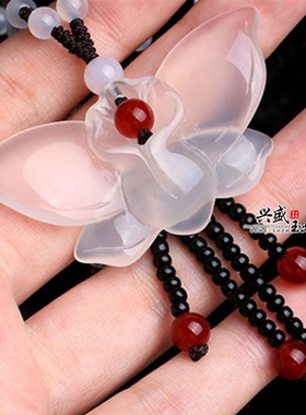 天然冰透白玉髓百搭玛瑙蝴蝶吊坠