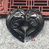 天然玉石墨绿玉仿古龙凤一对吊坠挂件情侣男女款 心形玉石项链玉佩