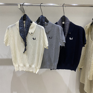 韩系2026春款复古polo领短袖针织衫女配丝巾显瘦百搭修身短款上衣