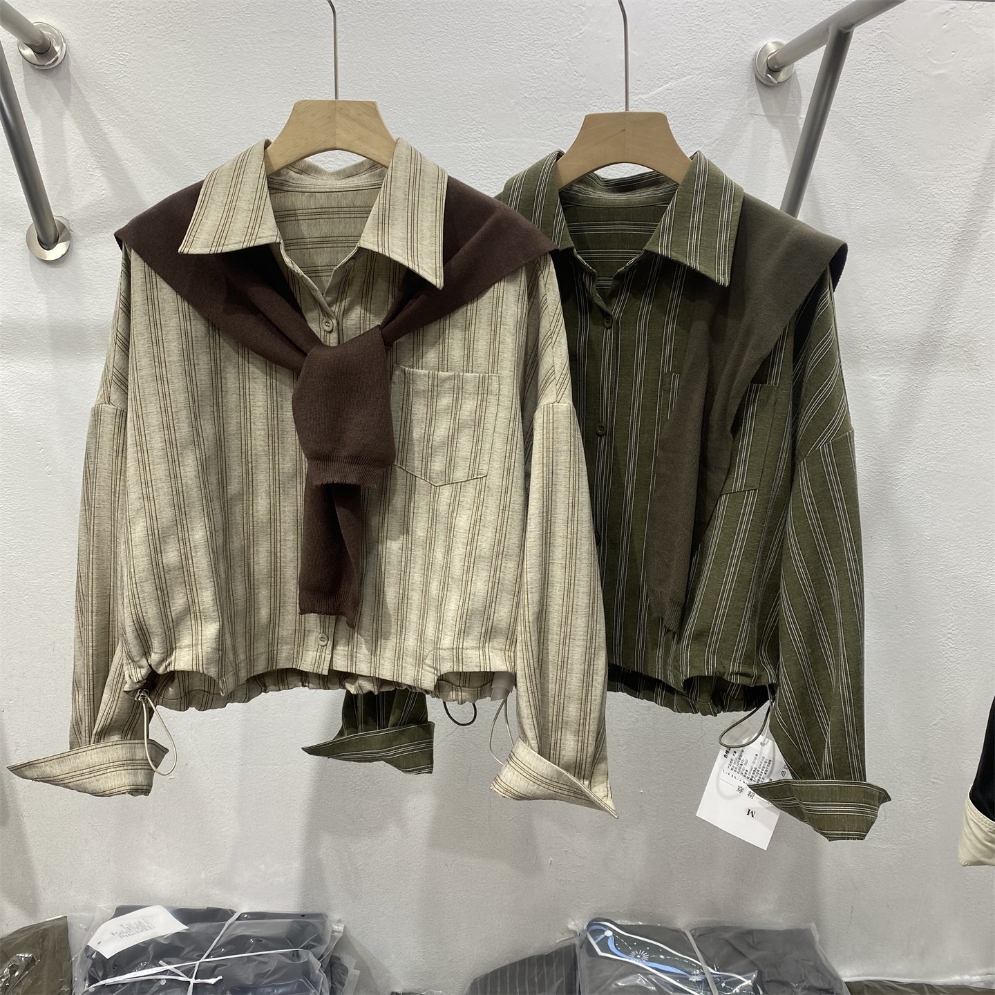 港风复古条纹女衬衫披肩两件套