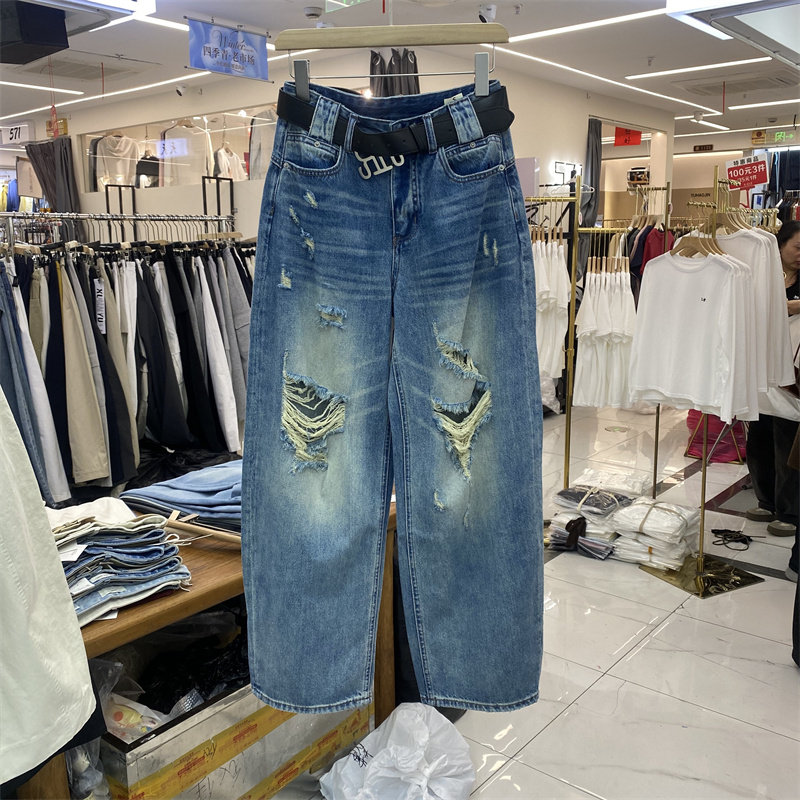 MI&CO36072春款高腰破洞弯刀牛仔裤女宽松显瘦阔腿九分裤做旧