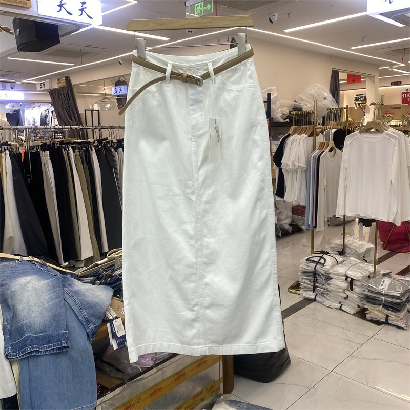 ZMJ8072夏款韩式休闲风白色高腰半身裙女中长款直筒裙百搭开叉裙