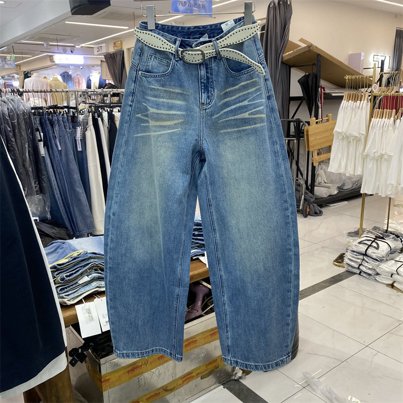 欧货0123春款复古弯刀牛仔阔腿裤女高腰宽松显瘦百搭腰带九分裤