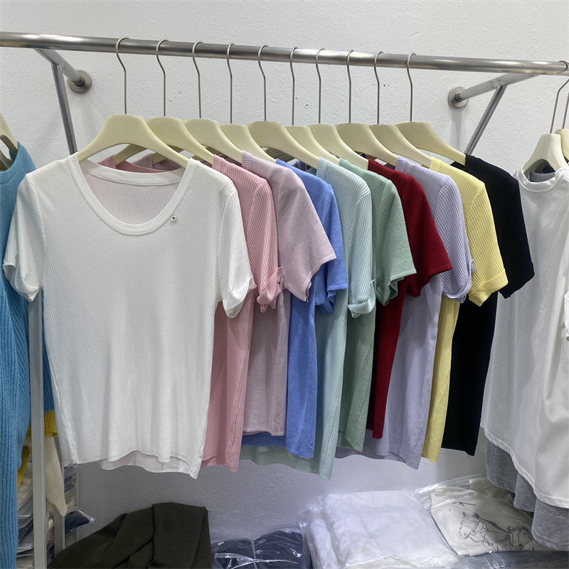 中式2026春款纯色U领短袖针织衫女多色基础款显瘦百搭短款上衣