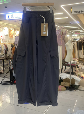 TOP20192夏款工装风高腰宽松弯刀裤女深灰色显瘦百搭休闲阔腿长裤