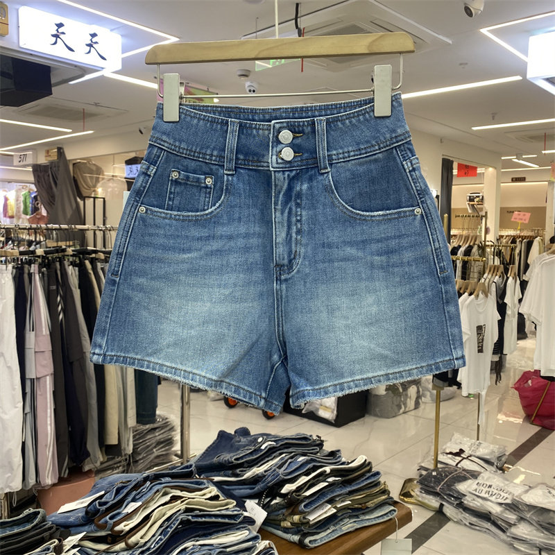 MI&CO1861新款弹力高腰牛仔短裤女夏宽松显瘦A字阔腿热裤复古蓝色