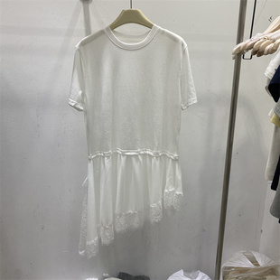 韩版2026春款白色短袖T恤女蕾丝拼接荷叶边开叉下摆显瘦洋气上衣