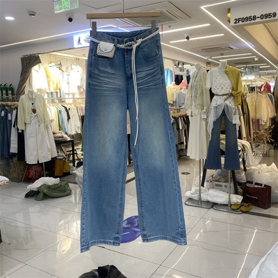 春夏女高腰微喇系带牛仔裤显瘦