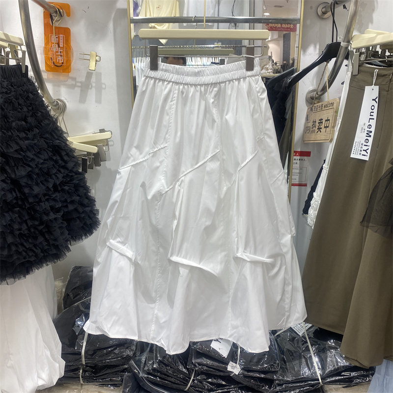 YLMY2576女春设计感不规则褶皱半身裙松紧腰休闲中长款白色A字裙